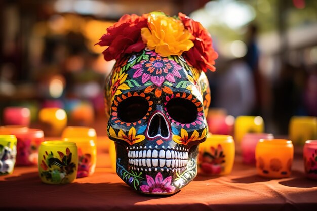 Decorado con coloridas calaveras de cerámica.