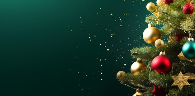 Decorado com ornamentos e luzes árvore de Natal em fundo verde escuro