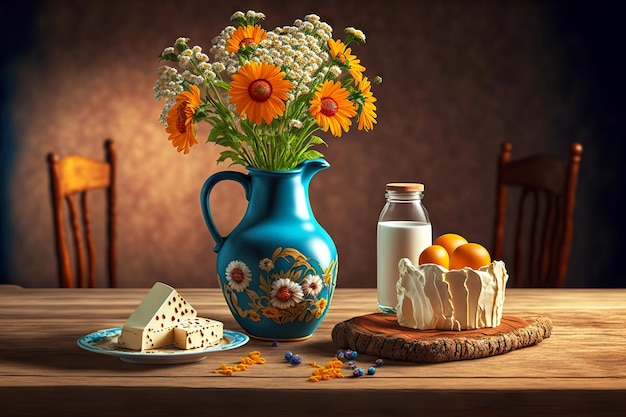 Foto decorado com vaso com flores mesa de madeira com laticínios