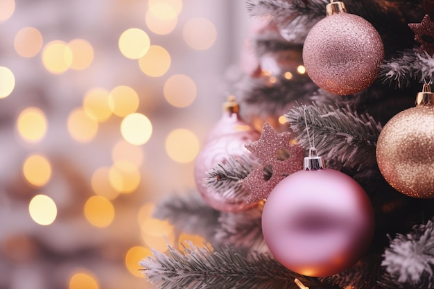 Decorados de cerca con adornos rosados de árboles de Navidad enfocados en el fondo bokeh delantero