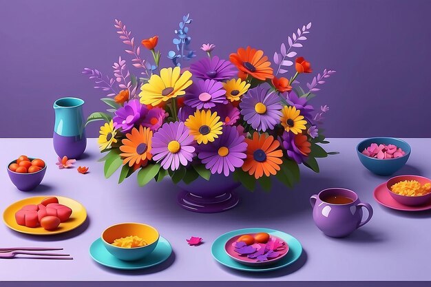 Foto decorando a mesa com muitas flores coloridas