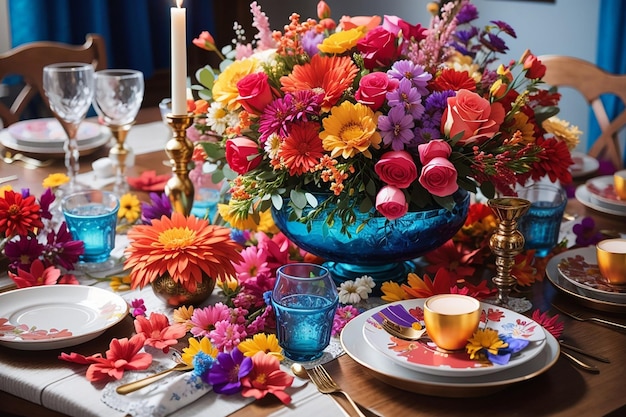 Foto decorando a mesa com muitas flores coloridas