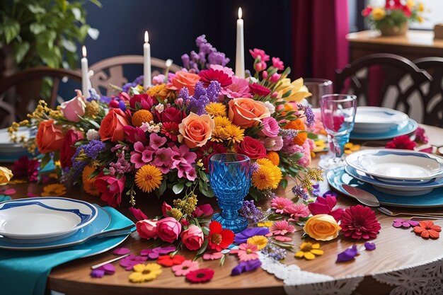 Decorando a mesa com muitas flores coloridas