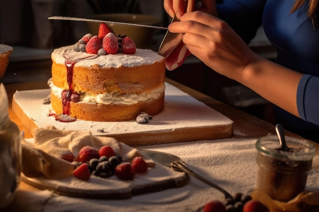 decorando o bolo na mesa da cozinha publicidade profissional fotografia de alimentos