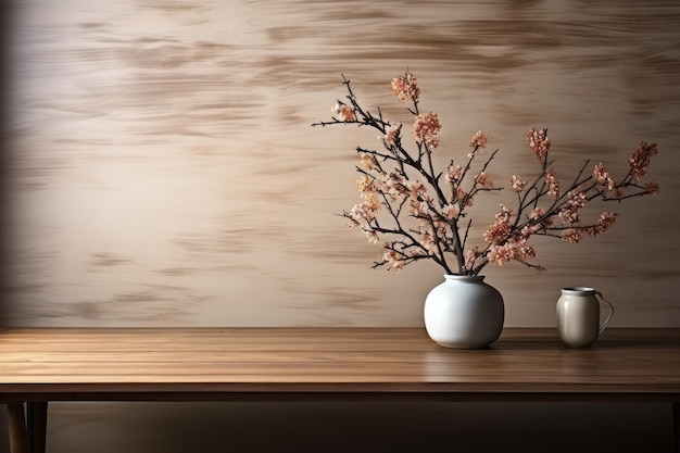 decorando um design de interiores de parede vazia com ideias de inspiração para uma mesa de madeira