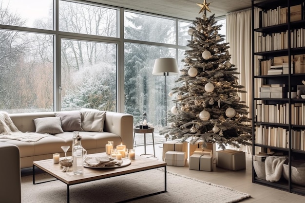 Decorar el árbol de navidad en el interior de escandinavia de la vida