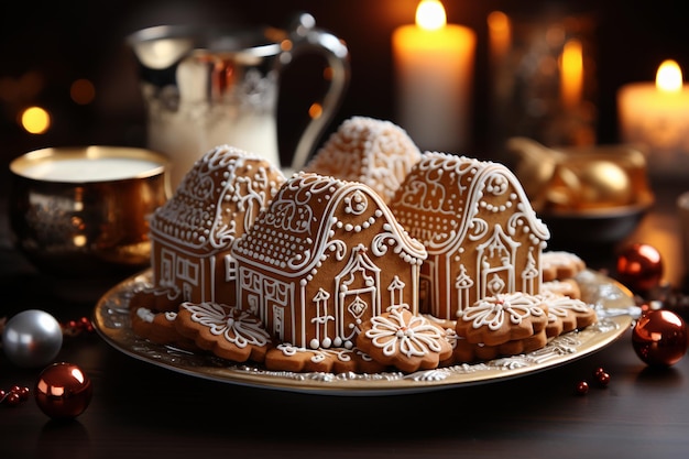 decorar biscoitos de pão de gengibre doce na cozinha na véspera de Natal