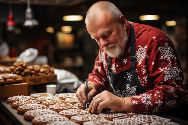 decorar biscoitos de pão de gengibre doce na cozinha na véspera de Natal