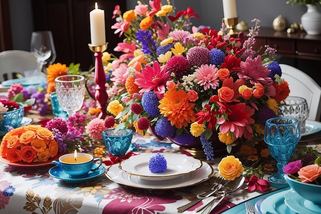 Decorar la mesa con muchas flores de colores.