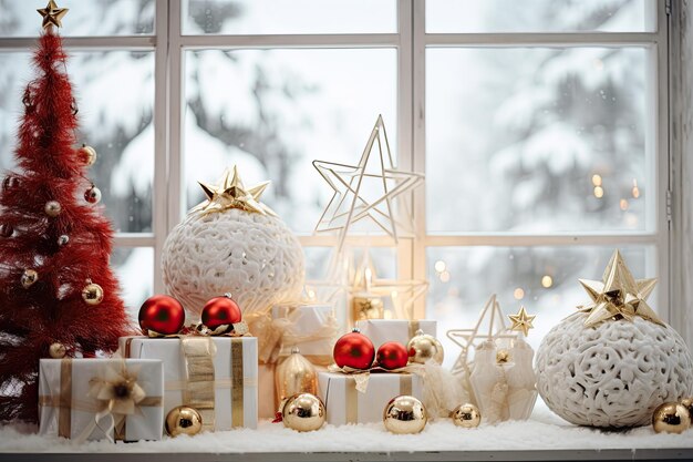 Decorar o fundo das férias de Natal com caixas de presentes, árvores e ornamentos