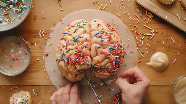 Decorar un pastel en forma de cerebro con salpicaduras coloridas que muestran la creatividad y el arte culinario único en una mesa de madera