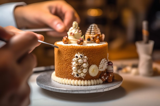 Decorar el pastel en la mesa de la cocina profesional con la mano del chef