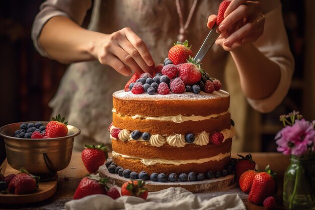 Decorar el pastel en la mesa de la cocina profesional con la mano del chef