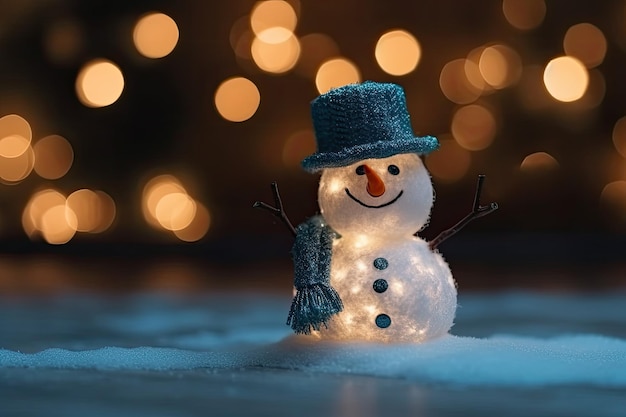 Decorativas figuras divertidas de un muñeco de nieve en invierno paisaje festivo de Navidad con luces AI generativo