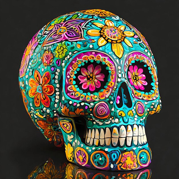 Decorativo cráneo de azúcar mexicano Estilizado cráneo pintado de colores Día de los Muertos