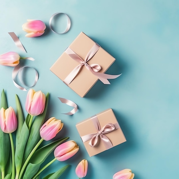 Decorativo de buquê de flores de tulipas ou caixa de presente embrulhada para dia das mães ou dia dos namorados com copyspace