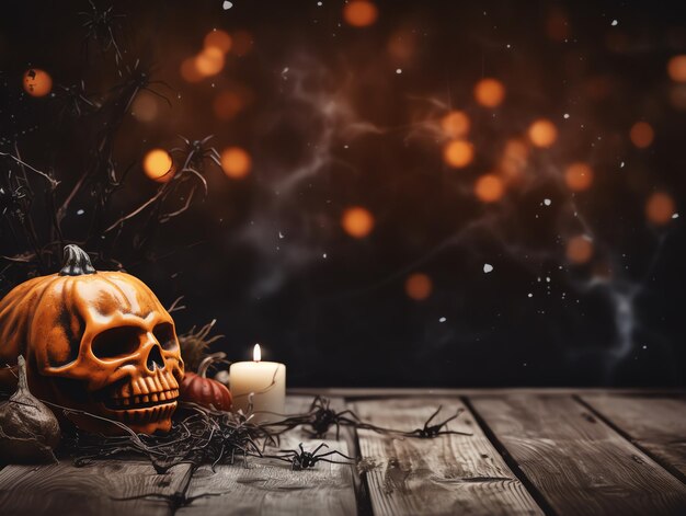 Decorativo de Halloween em cima da mesa de madeira com fundo de cena noturna desfocado