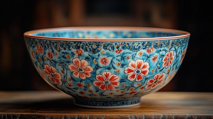 Decorativo ornamentado cuenco de cerámica hecho a mano con intrincados patrones florales en colores vibrantes sobre un fondo azul claro