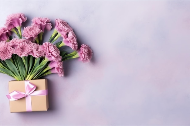 Decorativo de ramo de flores de tulipanes o caja de regalo envuelta para el día de la madre o San Valentín con espacio de copia