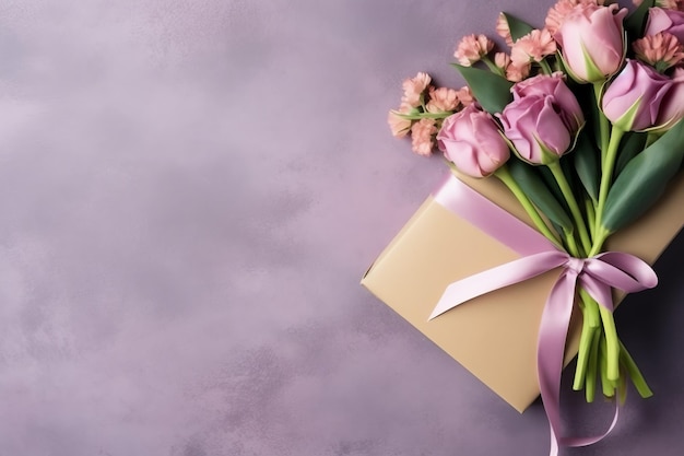 Decorativo de ramo de flores de tulipanes o caja de regalo envuelta para el día de la madre o San Valentín con espacio de copia