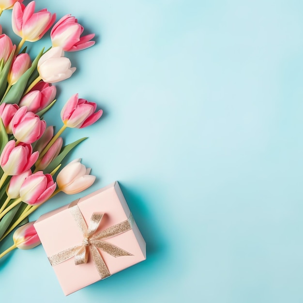 Decorativo de ramo de flores de tulipanes o caja de regalo envuelta para el día de la madre o San Valentín con espacio de copia