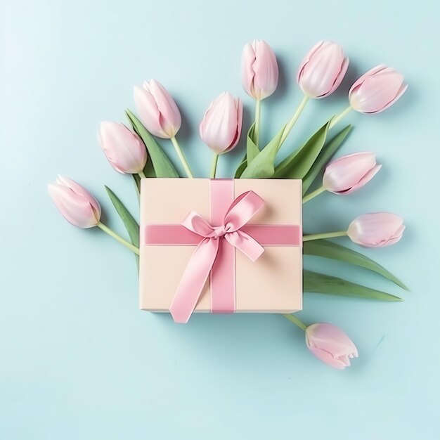 Decorativo de ramo de flores de tulipanes o caja de regalo envuelta para el día de la madre o San Valentín con espacio de copia