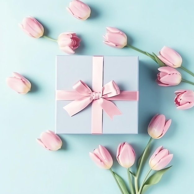 Decorativo de ramo de flores de tulipanes o caja de regalo envuelta para el día de la madre o San Valentín con espacio de copia