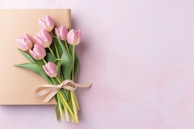 Decorativo de ramo de flores de tulipanes o caja de regalo envuelta para el día de la madre o San Valentín con espacio de copia