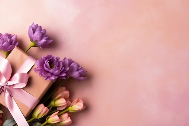 Decorativo de ramo de flores de tulipanes o caja de regalo envuelta para el día de la madre o San Valentín con espacio de copia