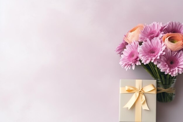 Decorativo de ramo de flores de tulipanes o caja de regalo envuelta para el día de la madre o San Valentín con espacio de copia