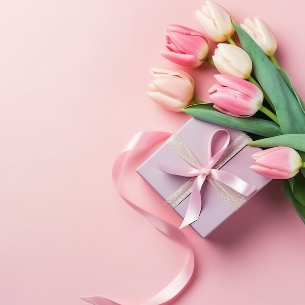 Decorativo de ramo de flores de tulipanes o caja de regalo envuelta para el día de la madre o San Valentín con espacio de copia