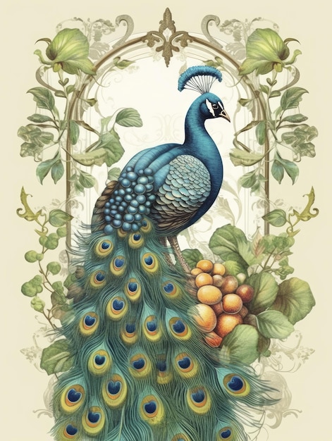 Decorativo Vintage Pavo real pájaro Fondo floral flor Ilustración Exótica selva Fondo de pantalla