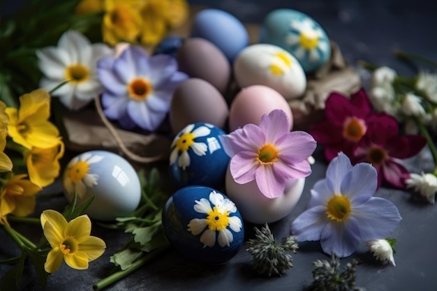 Decore ovos de Páscoa com a beleza das flores da primavera Generative AI