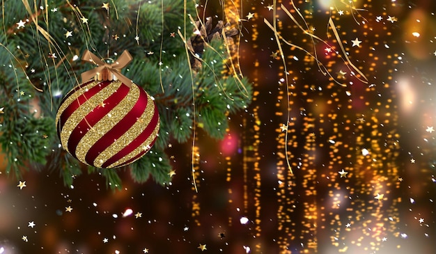 decotaion de árvore de bola de ouro vermelho iluminado cópia de modelo de fundo de banner desfocado festivo