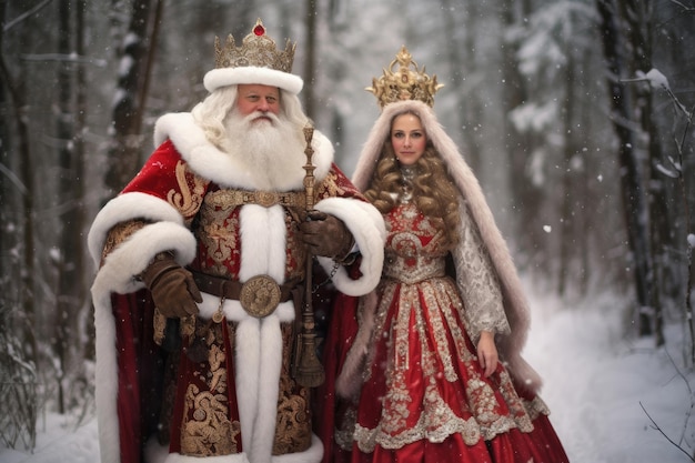 Ded Moroz russo e Snow Maiden russa na floresta de inverno