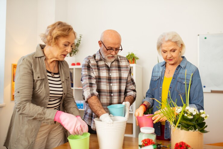 Foto dedica-se à jardinagem. pessoas idosas olhando para os vasos de flores enquanto se dedicam à jardinagem