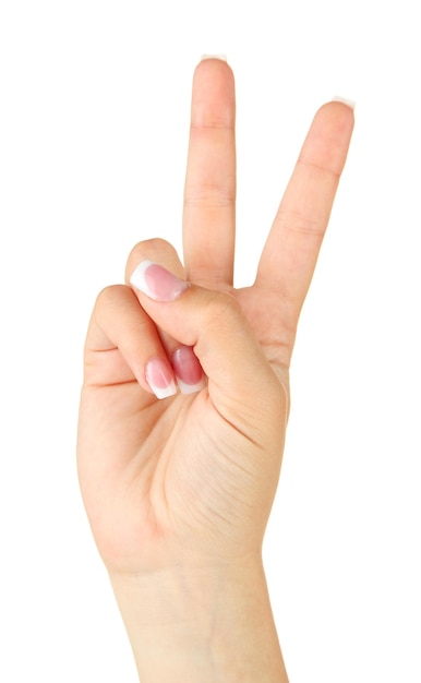El dedo deletrea el alfabeto en la lengua de señas estadounidense ASL letra V