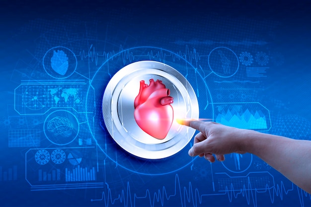 Dedo do homem tocando forma de coração e conexão de rede de ícone médico na interface de rede de tela virtual moderna