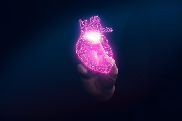 El dedo índice humano toca el corazón de neón tecnologías innovadoras medios mixtos