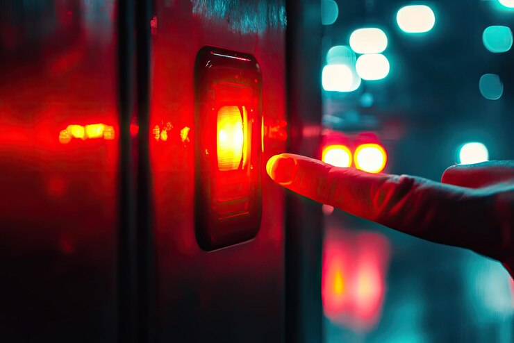 Foto un dedo listo para presionar un botón rojo brillante la noche urbana reflejada en el fondo
