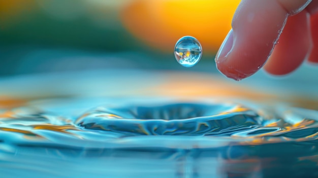 Un dedo de una persona está tocando una gota de agua en el aire