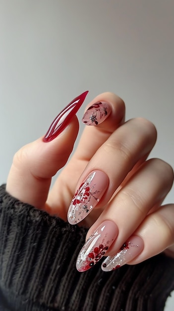 Dedos bonitos com unhas longas e uma bela ideia de manicure para o Dia dos Namorados.
