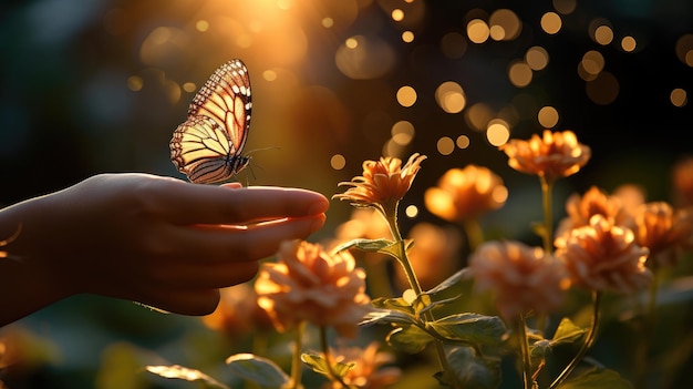 Foto dedos de criança alcançando uma delicada borboleta se preparando para pousar em uma flor
