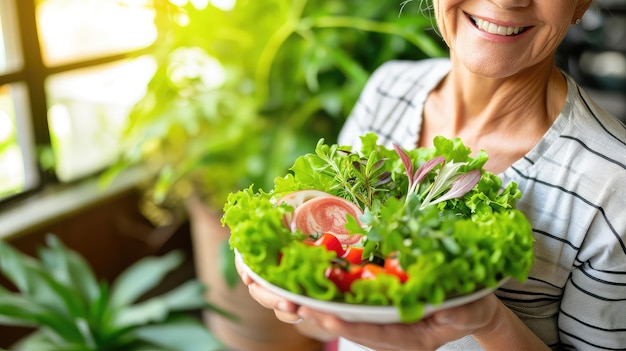 Dedos delicados seguram um prato de verduras vibrantes um banquete para os olhos e o corpo