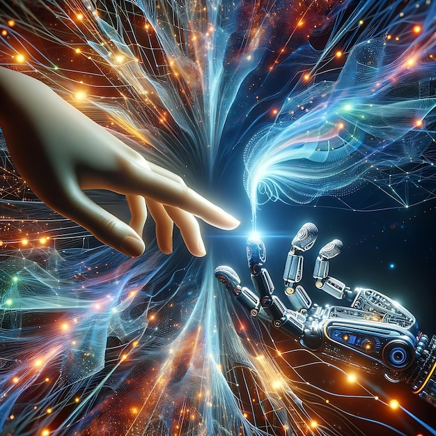 Foto los dedos humanos tocan los dedos robóticos las manos de los robots y los humanos tocan la conexión a la red de grandes datos