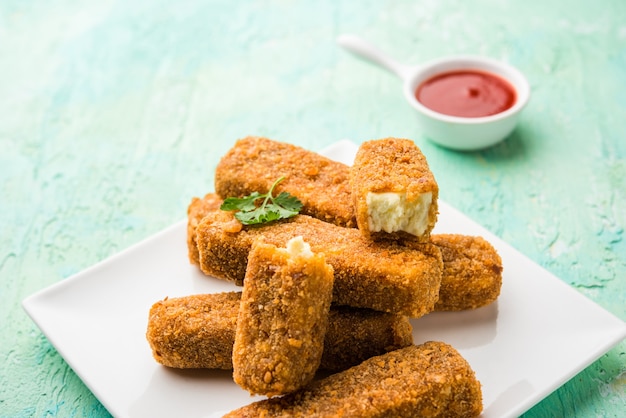 Dedos de paneer Kurkuri o pakora, bocadillos de pakoda también conocidos como barras de queso cottage crujientes, servidos con salsa de tomate como entrante. enfoque selectivo