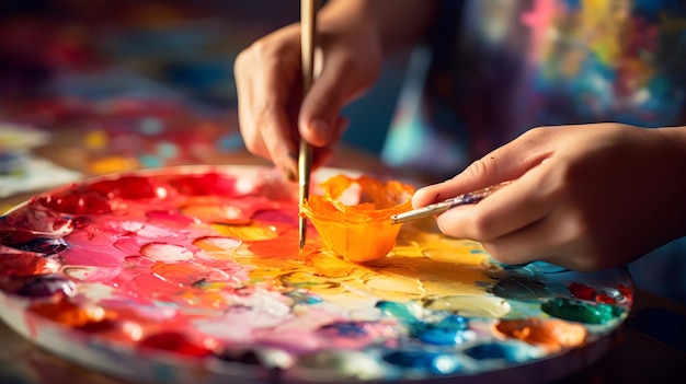 Dedos suaves segurando uma paleta de aquarelas vibrantes