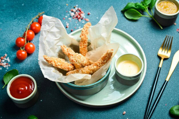 Deepfried Chicken Nuggets mit Burger Sauce Close Up auf einem Teller auf einem schwarzen Steinhintergrund