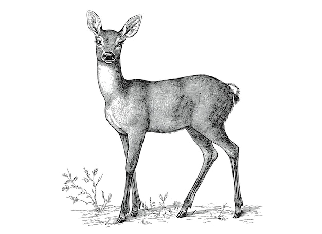 Deer fawn Vintage impresión retro negro blanco deer fawn boceto dibujo con lápiz de tinta