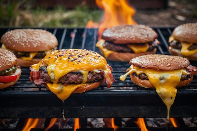 Foto por defecto, las hamburguesas jugosas se cocinan en la parrilla con derretido.